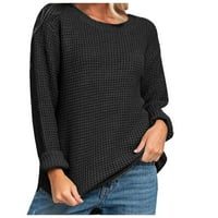 Yeahitch Női Hosszú ujjú gofri pulóver legénység nyak egyszínű pulóver Jumper felsők kötött pulóver felsők Fekete M
