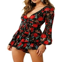 Női Hosszú Ujjú Rövidnadrág Jumpsuit Virágos Rakott Playsuit Nyári Strand Romper Piros S