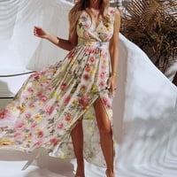 Női V-nyakú hasított Sifon Ujjatlan elegáns gyönyörű Alkalmi Strand A-Line ruha Bokáig érő ruha